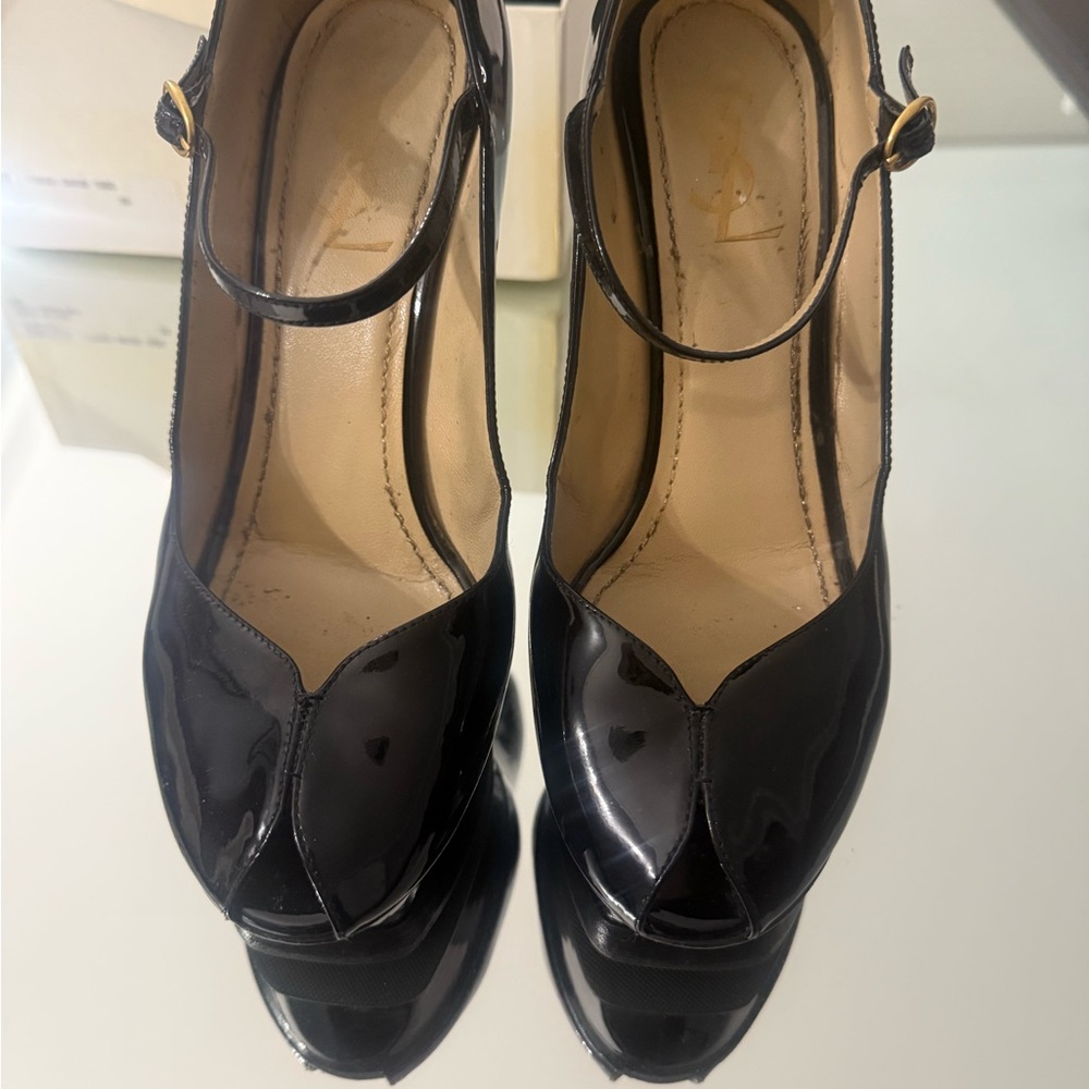 Yves Saint Laurent Patent Tribute 105 Pumps Black Heels Mary Jane Peep Toe YSL - Picture 3 of 7